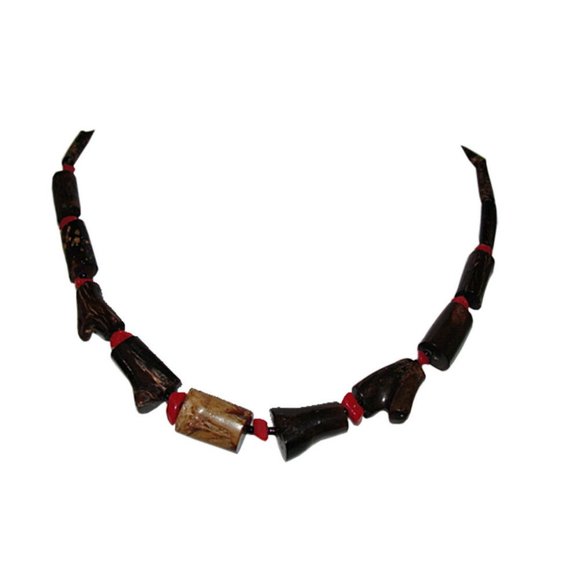 Mexican Black Coral Branch and Red Coral Chip Bead Necklace